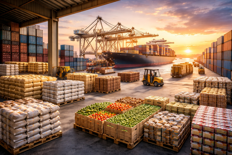 Shipping port at sunset 1 768x512